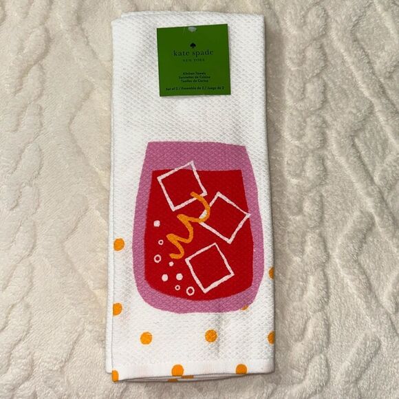 kate spade Cocktail Glass Ice Bubbles Orange Peel White Cotton Kitchen Towels - Picture 1 of 8